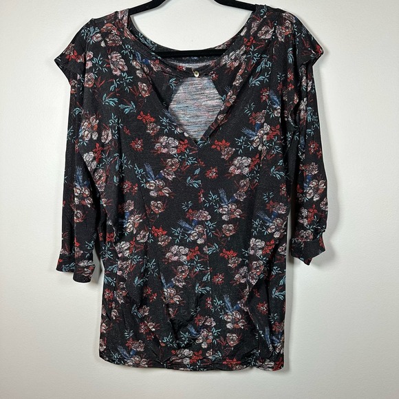 Free‎ People Large Black Red Blue Floral Ruffle 3/4 Sleeve Tunic Blouse Top - Picture 2 of 4